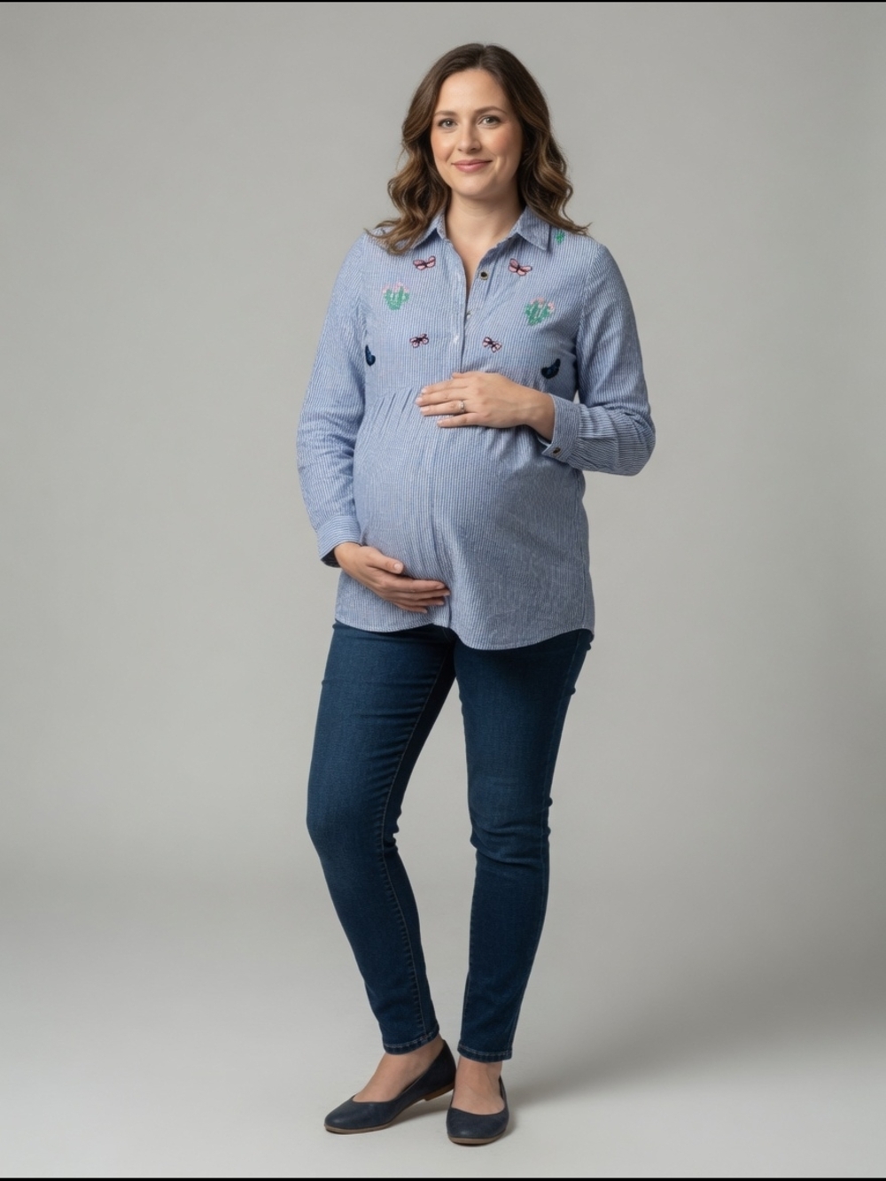Maternity Blue Embroidered Button-Up Shirt